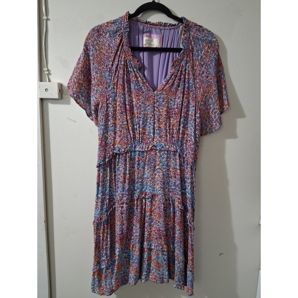 Anthropologie robin Floral Tiered Mini Dress Blue Orange Ruffle‎ V-Neck XLP